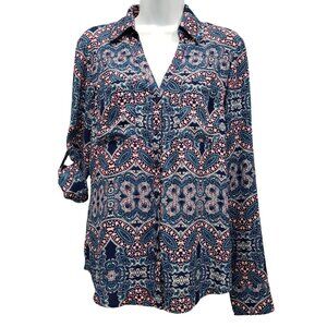 Express Portofino Shirt Paisley Roll Tab Sleeves Boho Chic Office Blue Womens S